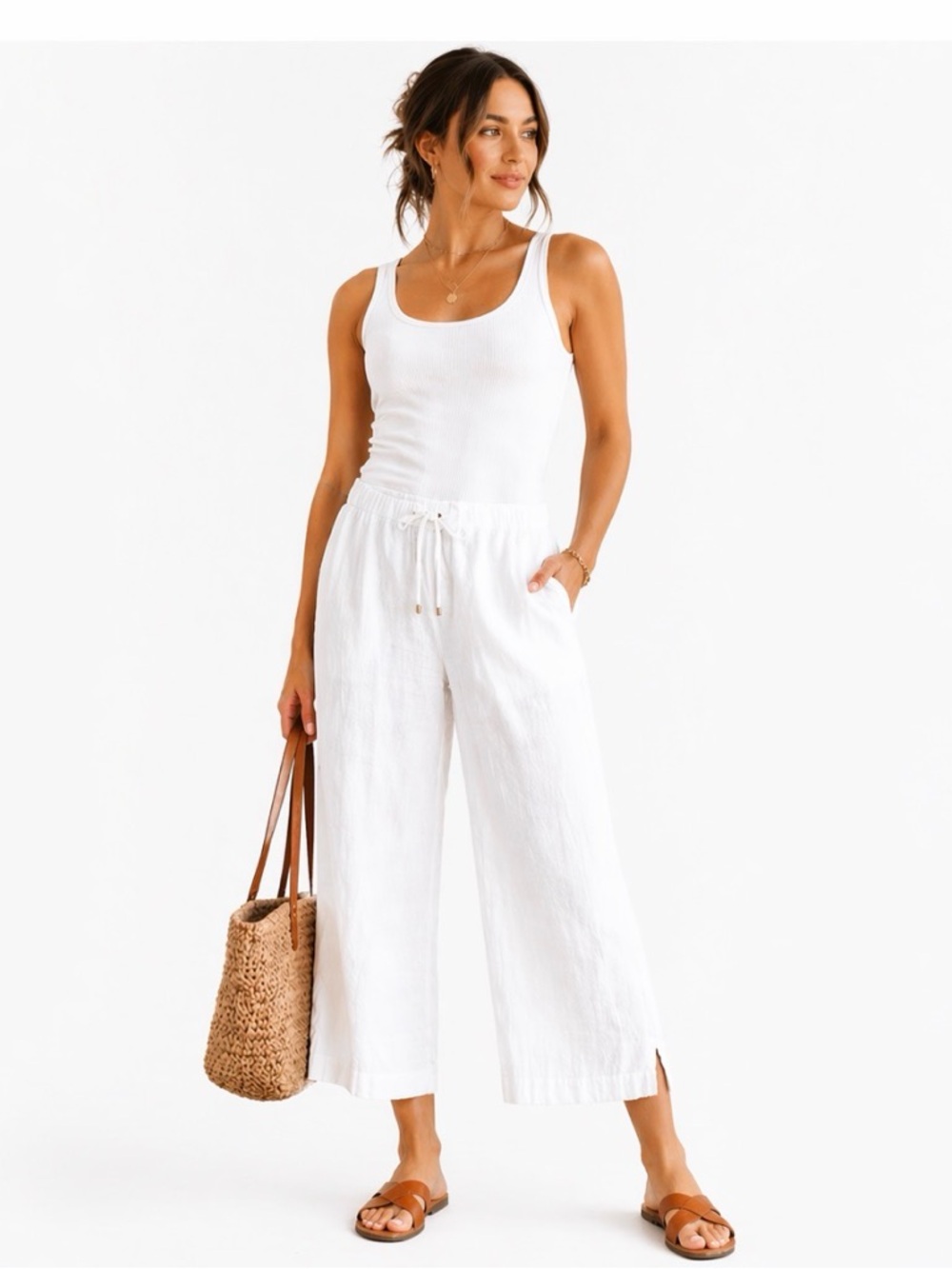 Michael Kors Linen Blend Pants Womens L White Wide Leg Crop Beach Resort Chic